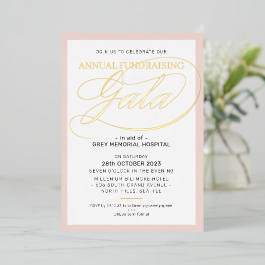 FUNDRAISING GALA elegant evenement script roze roo Folie Uitnodiging (Staand Voorkant)