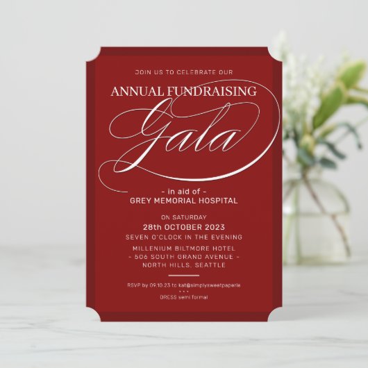 FUNDRAISING GALA elegant event fancy script maroon Kaart (Staand voorkant)