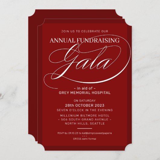 FUNDRAISING GALA elegant event fancy script maroon Kaart (Voorkant / Achterkant)