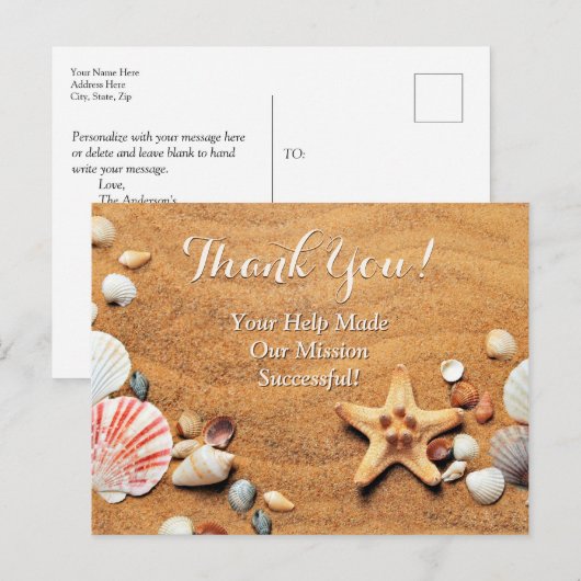 Fundraising Hartelijk dank, zand & zeeschelpen Briefkaart (Voorkant / Achterkant)