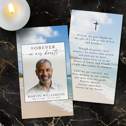 Funeral Beach Photo Forever Hearts Prayer Card Visitekaartje