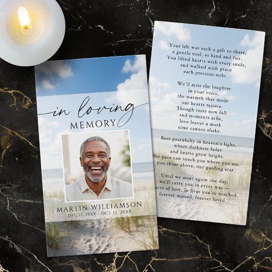 Funeral Beach Photo In Loving Memory Prayer Card Visitekaartje