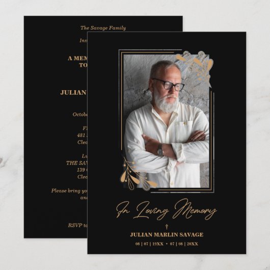 Funeral Black Fake Golden Branches Photo Remember Kaart (Voorkant / Achterkant)