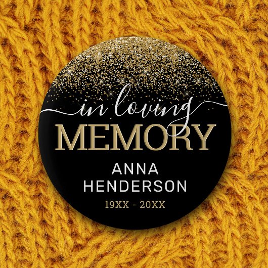 Funeral Black Gold Glitter Memorial Button
