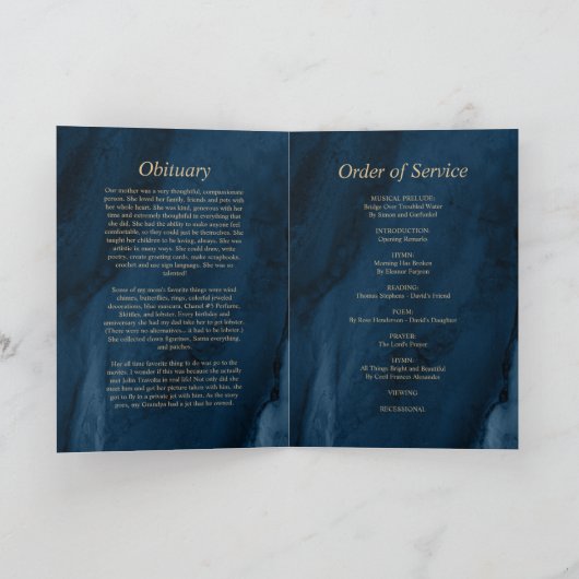 Funeral Blue & Gold Calligraphy |Memorandum Programma (Binnen)