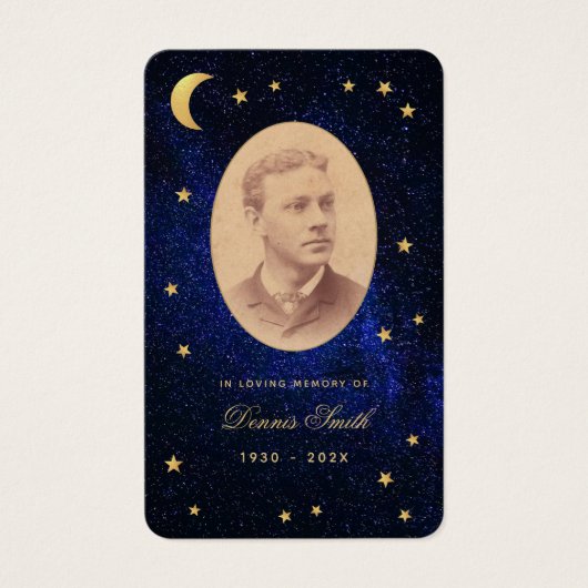 Funeral Blue Night Gold Stars Memorial Prayer Card Visitekaartje (Voorkant)