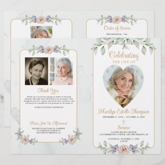 Funeral Botanical Floral Heart 4 Foto's Programma (Voorkant / Achterkant)