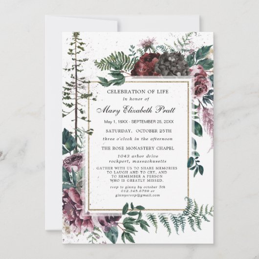 Funeral Burgundy Floral Pine Celebration of Life Kaart (Voorkant)