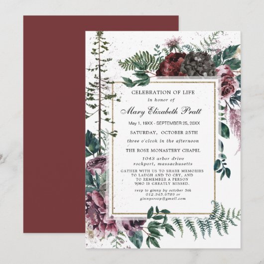 Funeral Burgundy Floral Pine Celebration of Life Kaart (Voorkant / Achterkant)