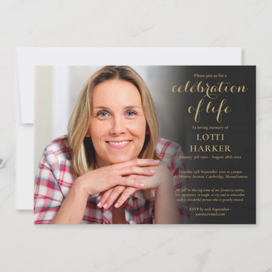 Funeral Celebration of Life Elegant Gold Photo Kaart (Voorkant)