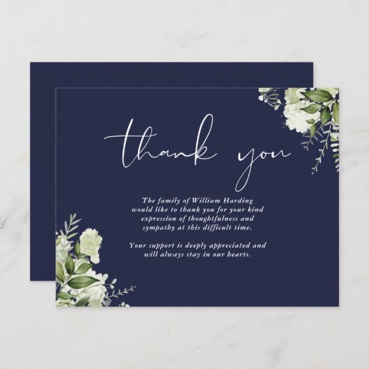 Funeral Celebration Of Life Greenery Navy Blue Bedankkaart (Voorkant / Achterkant)