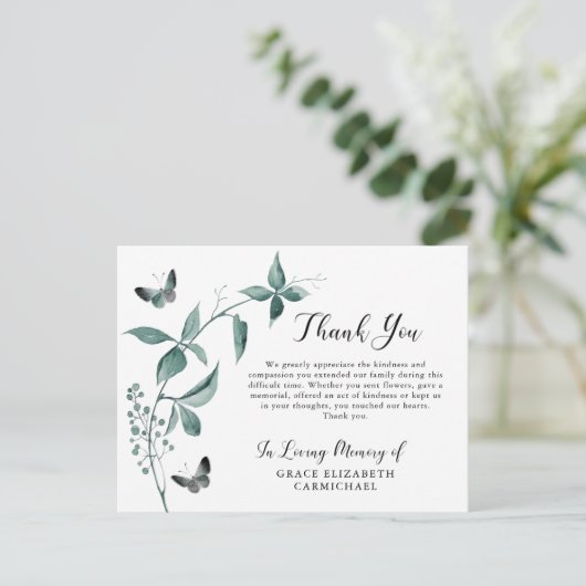 Funeral Dank je Butterfly Botanische Greenery Briefkaart (Staand voorkant)