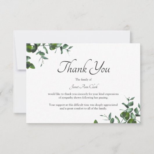 Funeral Dank u Green Leaves Note Kaart (Voorkant)