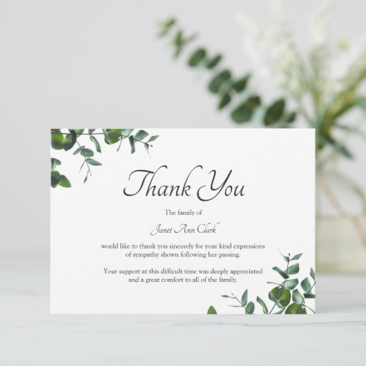 Funeral Dank u Green Leaves Note Kaart (Staand voorkant)