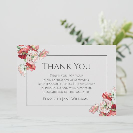 Funeral Dank u Kaart | Papavers op grijs (Staand voorkant)