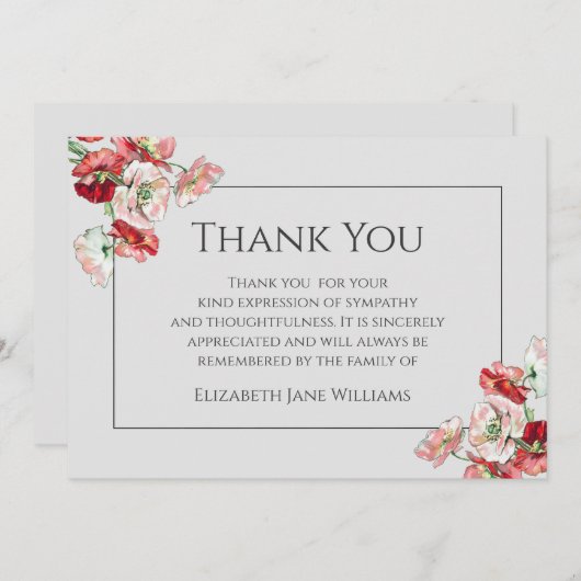 Funeral Dank u Kaart | Papavers op grijs (Voorkant / Achterkant)