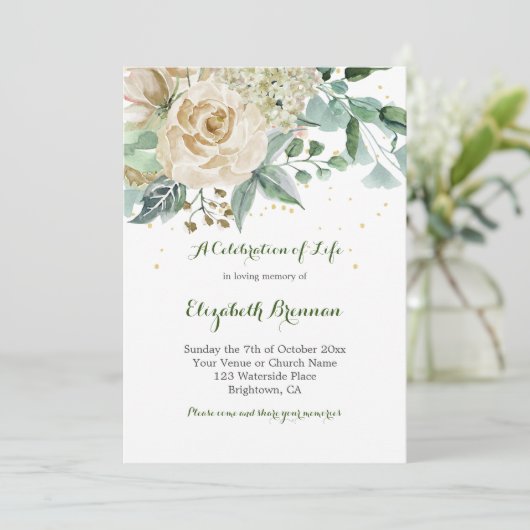 Funeral Elegant Roos Floral Green Foliage Kaart (Staand voorkant)