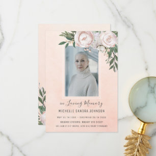 Funeral Floral Pink Photo Memorial Prayer Card Bedankkaart