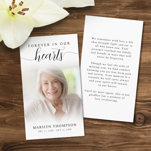 Funeral Forever Hearts Script Fotogebed Kaart Visitekaartje