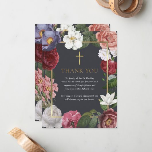 Funeral Gold Cross Floral Hartelijk dank Notitiekaartje (Voorkant / Achterkant in situ)