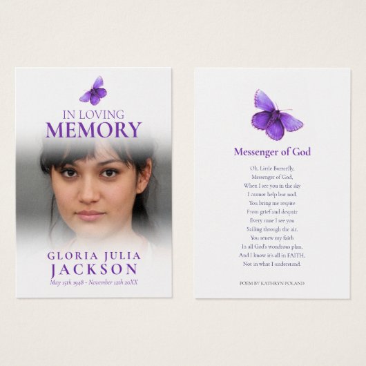 Funeral in het liefhebbende geheugen van het paars visitekaartje (Voorkant /achterkant)