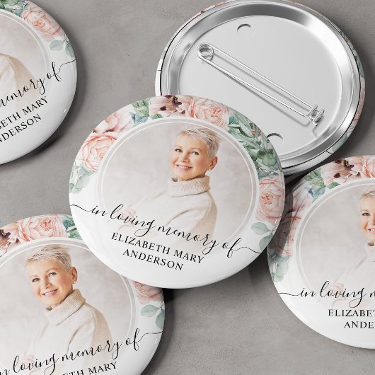 Funeral in Loing Memory Blush Pink Floral Photo Ronde Button 5,7 Cm