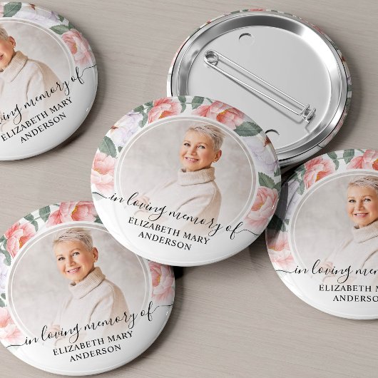 Funeral in Loing Memory Waterverf Floral Foto Ronde Button 5,7 Cm