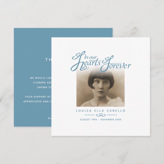 Funeral in ons hart bedankt wit blauw notitiekaartje (Voorkant / Achterkant)