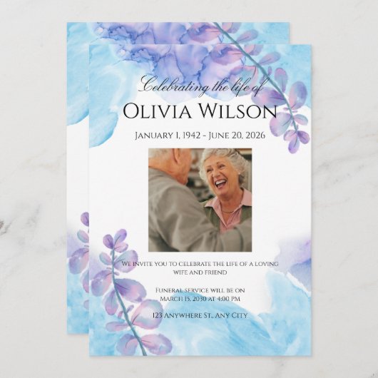 Funeral Invitation Template – Blue & Purple Kaart (Voorkant / Achterkant)