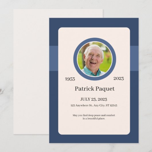Funeral Invitation Template – Dark Blue Memorial Kaart (Voorkant / Achterkant)