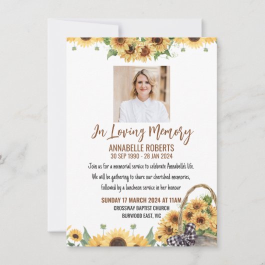 Funeral Invitation with Sunflowers Kaart (Voorkant)