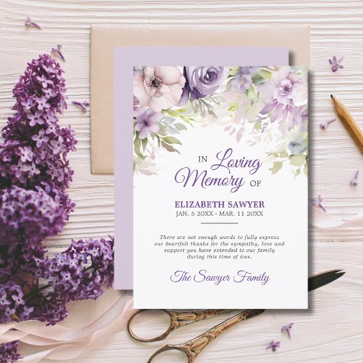 Funeral Lavendel Paarse Violet Memory DANK U Kaart