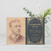 Funeral Life Celebration Foto Blauw Goud Kaart (Staand voorkant)