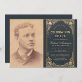 Funeral Life Celebration Foto Blauw Goud Kaart (Voorkant / Achterkant)