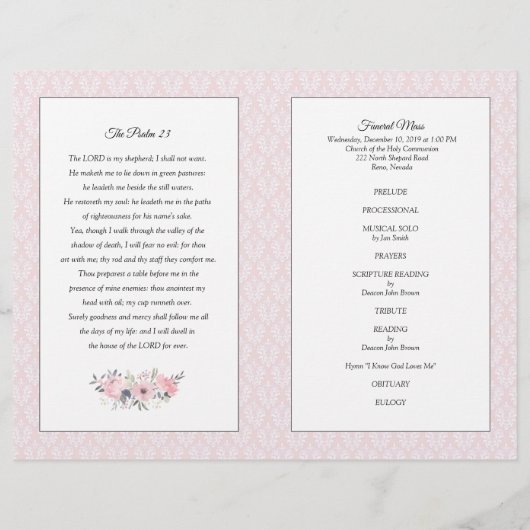 Funeral Mass-programma | Roze Floral Damask Flyer (Achterkant)