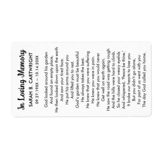 Funeral Memento Gods Garden Gedicht gepersonalisee Etiket (Voorkant)