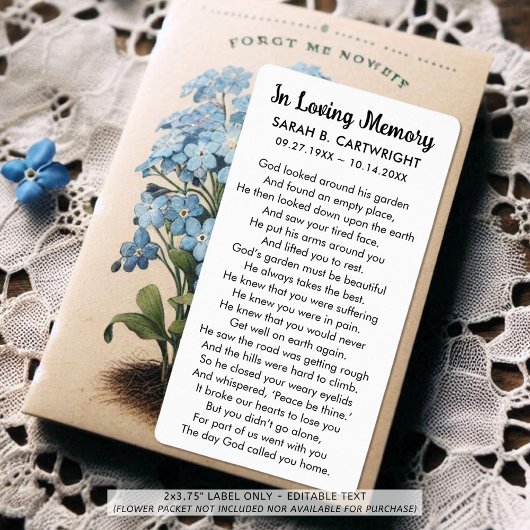 Funeral Memento Gods Garden Gedicht gepersonalisee Etiket