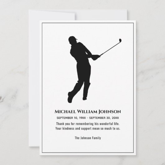 Funeral Memorial Black and White Golf Player Bedankkaart (Voorkant)
