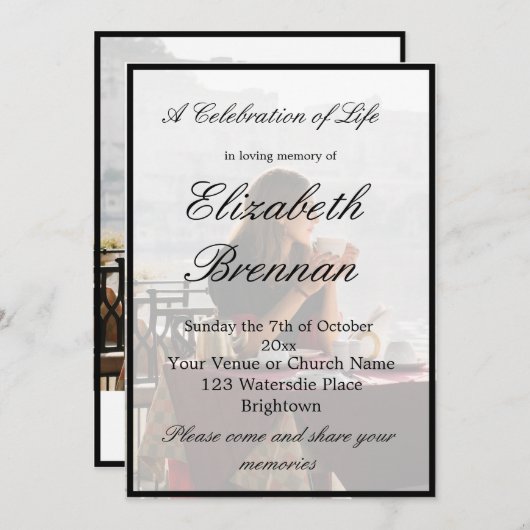 Funeral Memorial Monogram Elegant Black Inv Kaart (Voorkant / Achterkant)