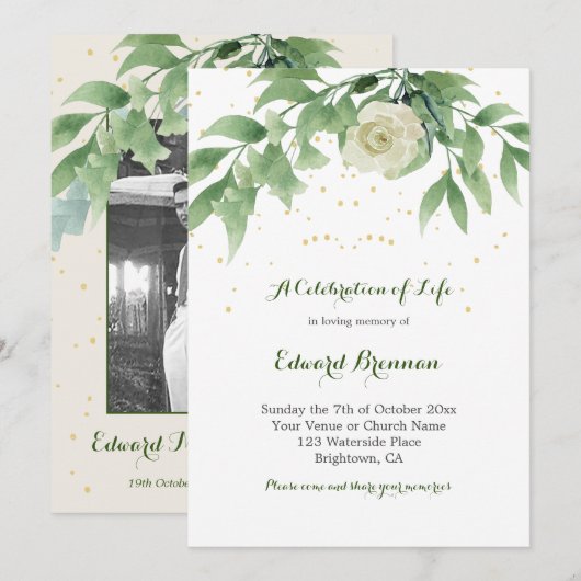 Funeral Memorial Photo Elegant Roos Foliage Kaart (Voorkant / Achterkant)