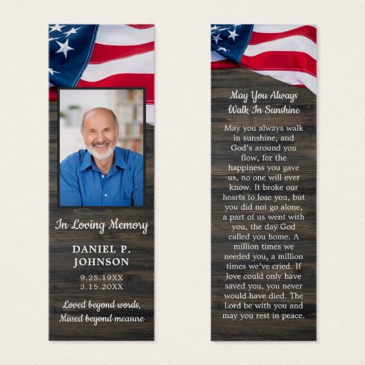 Funeral Memorial Photo Patriotic Prayer Bladwijzer Mini Visitekaartjes (Voorkant /achterkant)