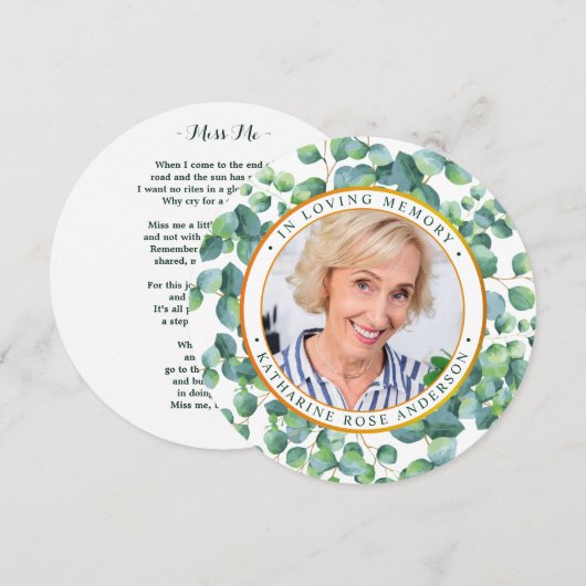 Funeral Memorial Prayer Kaart Eucalyptus Gold Foto (Voorkant / Achterkant)