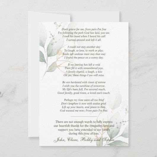 Funeral Memorial Sympathia Poem Prayer Dank u Bedankkaart (Achterkant)