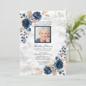 Funeral Navy Blue Blush Pink Marble Floral Foto Kaart (Staand voorkant)