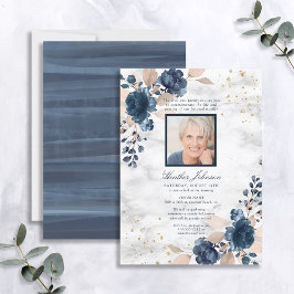 Funeral Navy Blue Blush Pink Marble Floral Foto Kaart