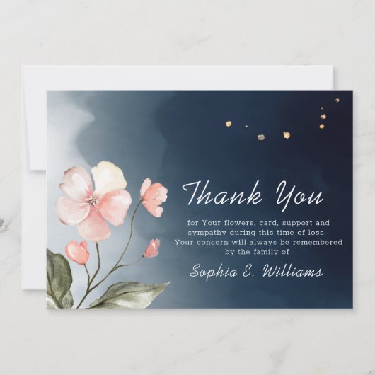 Funeral Navy Blue Elegant Floral Hartelijk dank Bedankkaart (Voorkant)
