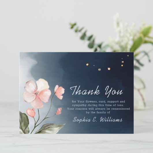 Funeral Navy Blue Elegant Floral Hartelijk dank Bedankkaart (Staand voorkant)