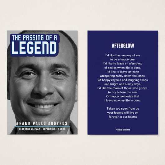 Funeral pass van een legende moderne blauwe gedich visitekaartje (Voorkant /achterkant)