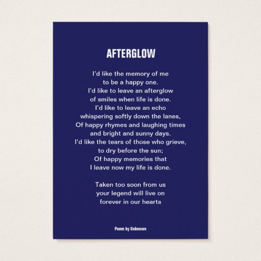 Funeral pass van een legende moderne blauwe gedich visitekaartje (Achterkant)