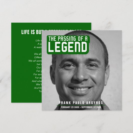 Funeral pass van een legende moderne groene gedich bedankkaart (Voorkant / Achterkant)